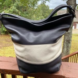 Coach Large Bucket Bag in navy and cream leather.